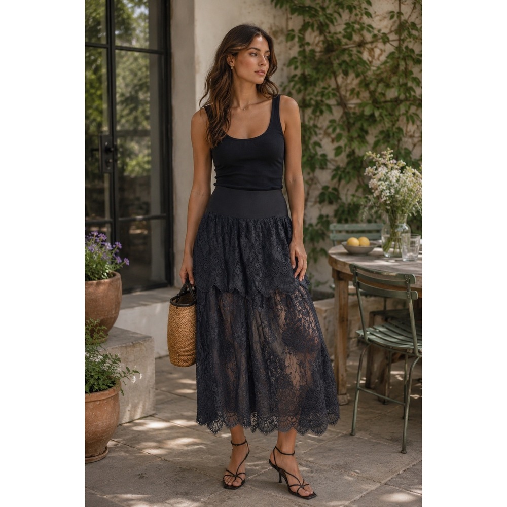 Black Lace Layered Peplum Midi Skirt Whimsygoth Gothic Romance XS